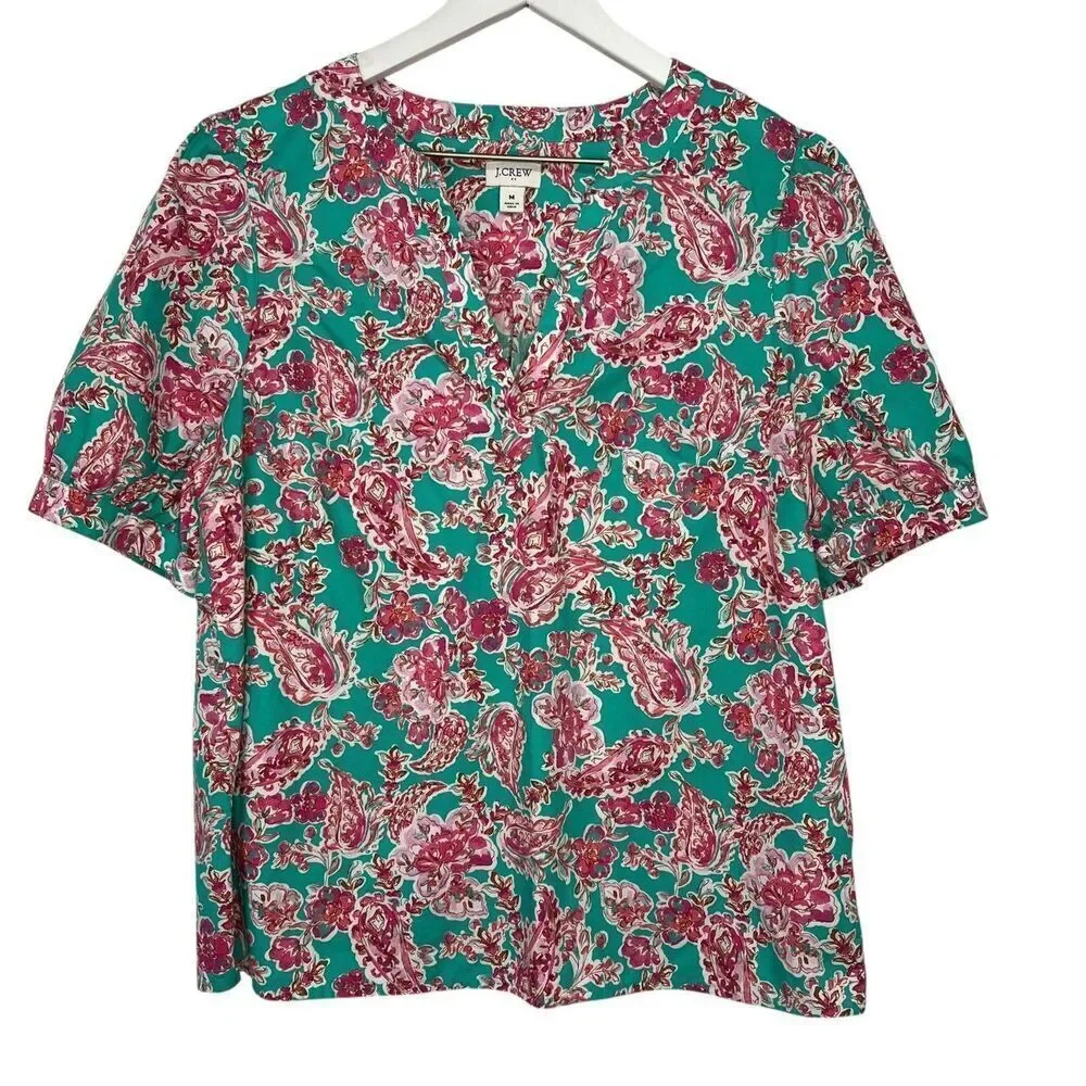 J. Crew Paisley Floral Popover Blouse size Medium Green Pink Puff Sleeve Top